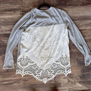 Anthropologie Lace-Trimmed Gray and Cream Long Sleeve Top